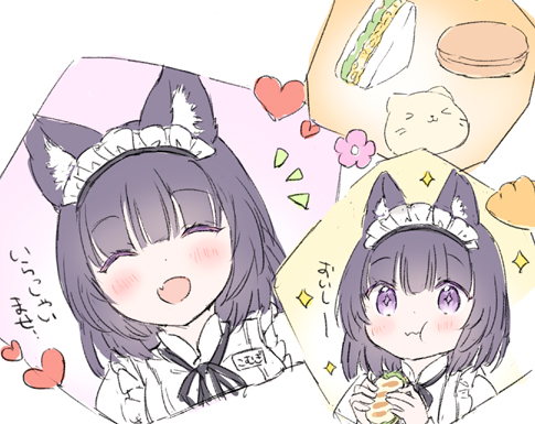 1girl, :d, :t, ^_^, animal_ear_fluff, animal_ears, black_hair, black_ribbon, blush, cat_ears, closed_eyes, closed_mouth, commentary_request, cropped, eating, employee_uniform, fang, food, heart, holding, holding_food, komugi_(wataame27), lowres, maid_headdress, multiple_views, neck_ribbon, notice_lines, original, ribbon, sandwich, shirt, simple_background, smile, sparkle, translation_request, waitress, wataame27, wavy_mouth, white_background, white_shirt