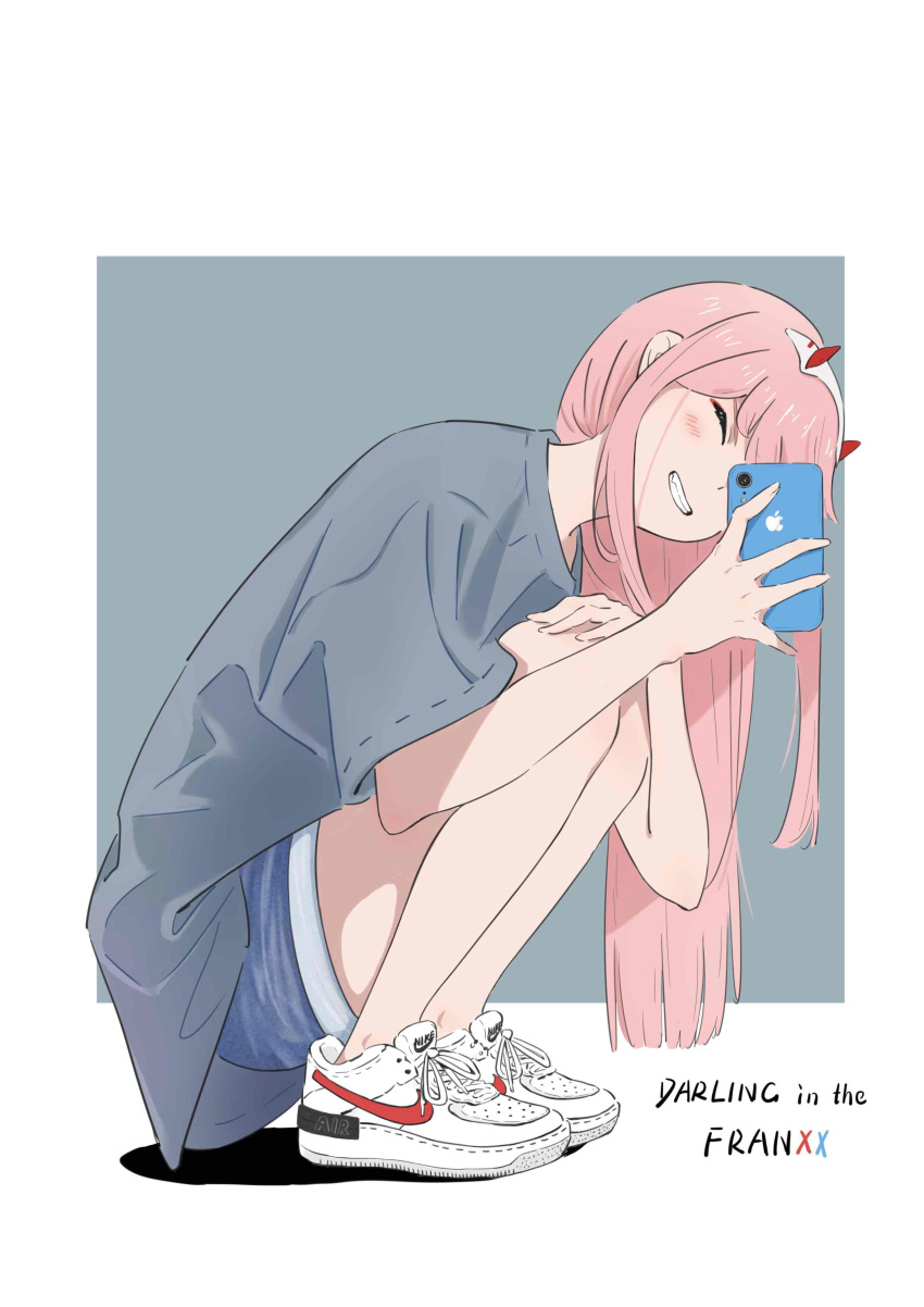 absurdres, alternate_costume, apple_logo, blush, border, casual, cellphone, closed_eyes