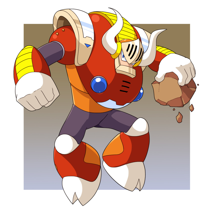 1boy, android, armor, blue_eyes, bull, chest_jewel, clenched_hands, floating