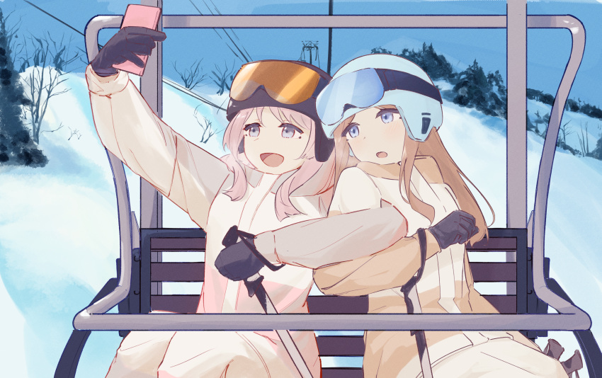 2girls, bang_dream!, bang_dream!_it's_mygo!!!!!, black_gloves, blue_eyes, brown_hair, chairlift, chihaya_anon