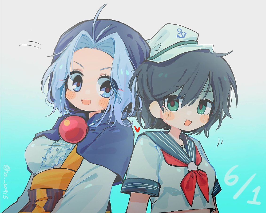 anchor_symbol, black_hair, blue_eyes, blue_hair, blue_hood, blush_stickers, brooch, collared_shirt