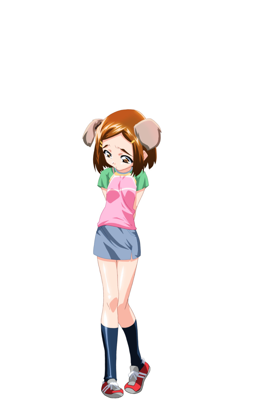 1girl, animal_ears, arms_behind_back, black_socks, blue_skirt, bob_cut, brown_eyes, brown_hair