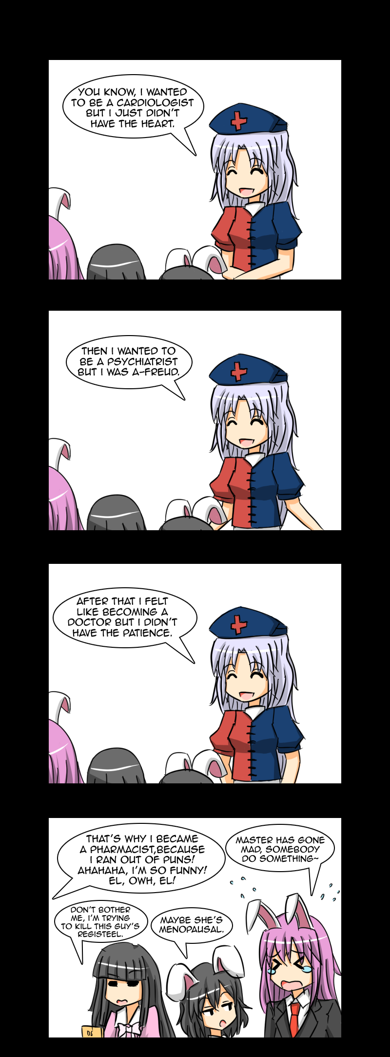 black_hair, bunny_ears, comic, english, highres, houraisan_kaguya, inaba_tewi, long_hair