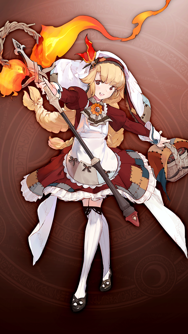 1girl, apron, ascot, basket, blonde_hair, braid, brown_eyes, brown_shoes
