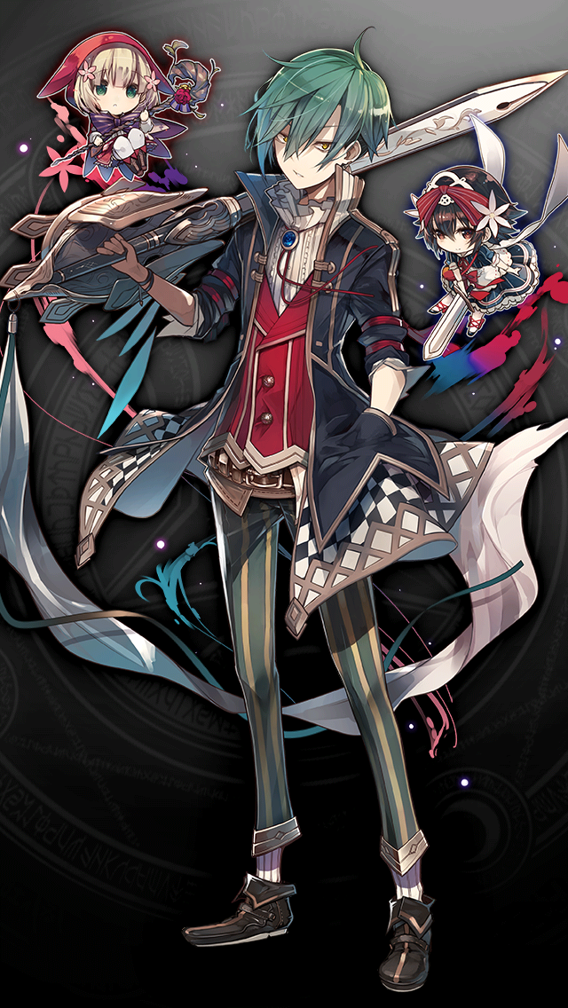 1boy, 2girls, apple_caliber_(grimms_notes), belt, black_coat, blonde_hair, brown_belt, brown_hair