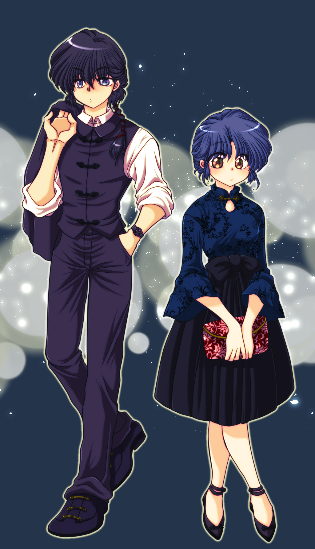 1boy, 1girl, bag, black_hair, black_pants, black_shoes, black_skirt, black_vest