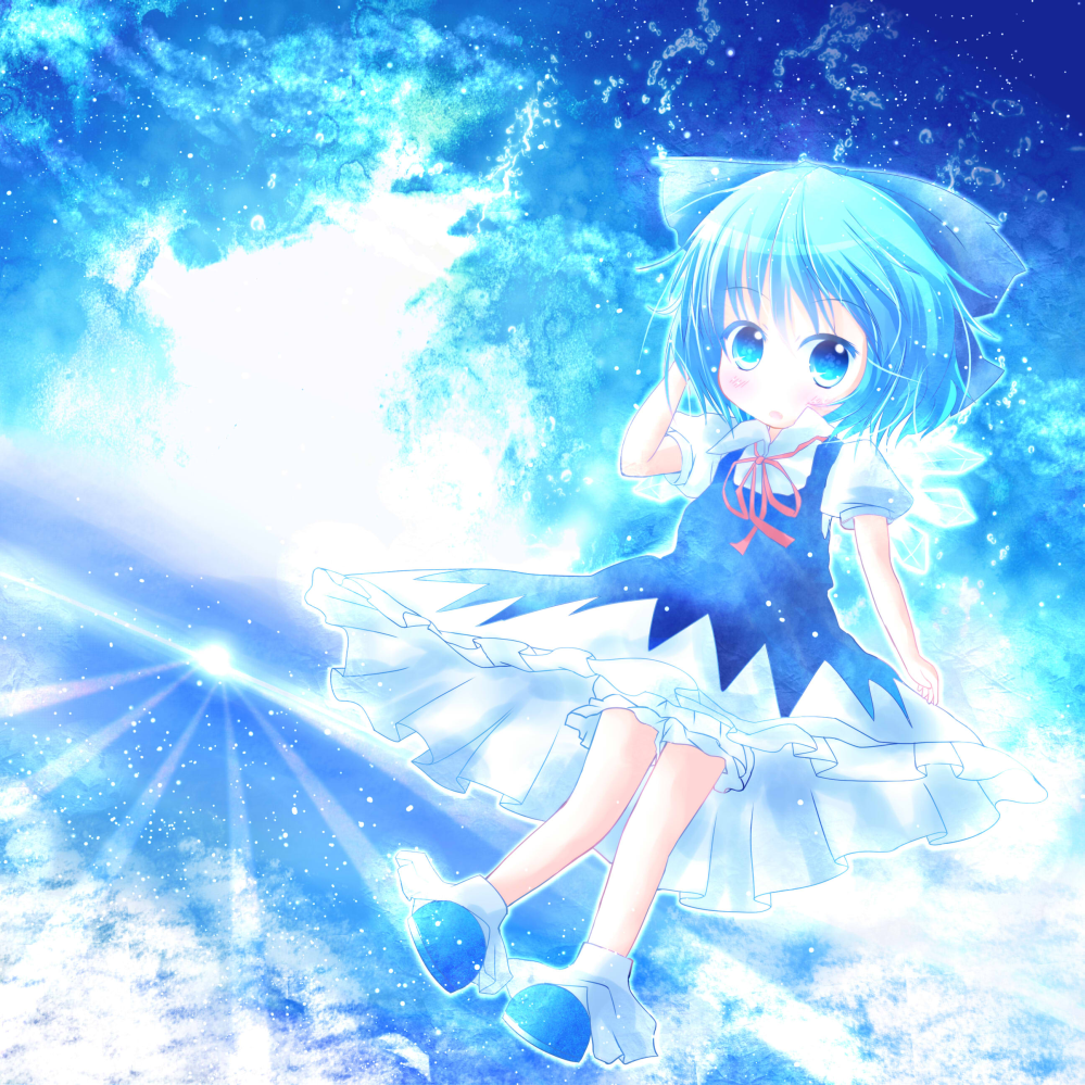 1girl, bloomers, blue_eyes, blue_hair, blush, bow, cirno, cloud, dress, hair_bow, horizon, open_mouth, short_hair, solo, touhou, wings, yuya_(minus-k), yuya_(pixiv)