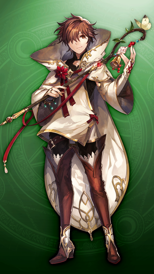 1boy, bell, black_pants, black_shirt, boots, bridal_gauntlets, brown_boots, brown_eyes, brown_hair, bug, butterfly, cape, closed_mouth, detached_sleeves, fingernails, flower, full_body, game_asset, green_background, grimms_notes, hair_over_one_eye, hand_up, high_collar, holding, holding_wand, joringel_(grimms_notes), joringel_(tenkuu)_(grimms_notes), kyoka_hatori, looking_at_viewer, male_focus, non-web_source, official_art, one_eye_covered, pants, red_flower, ribbon, shirt, short_hair, sleeveless, sleeveless_shirt, smile, solo, standing, thigh_boots, wand, weapon, white_bridal_gauntlets, white_cape, wide_sleeves