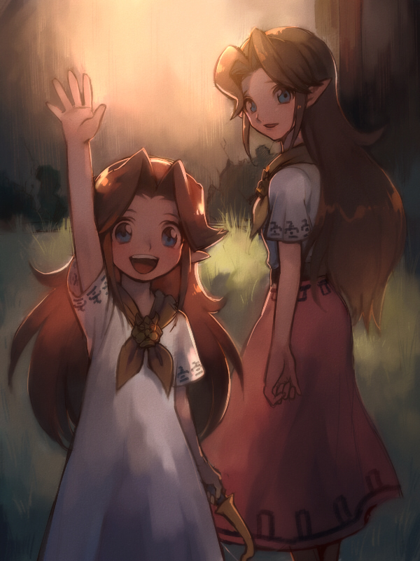 aoki, aoki_(fumomo), blue_eyes, brown_hair, cremia, long_hair, long_skirt, majora's_mask