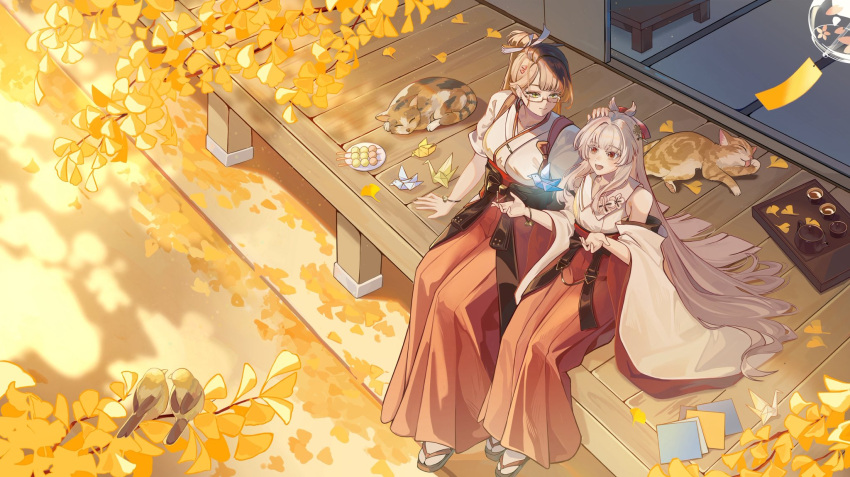 2girls, aged_down, bare_shoulders, black_hair, breasts, closed_mouth, commentary, detached_sleeves
