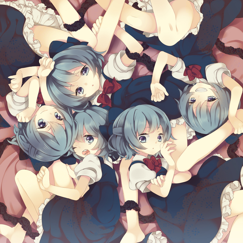 arm_ribbon, blue_dress, blue_eyes, blue_hair, bow, cirno, clone, dress