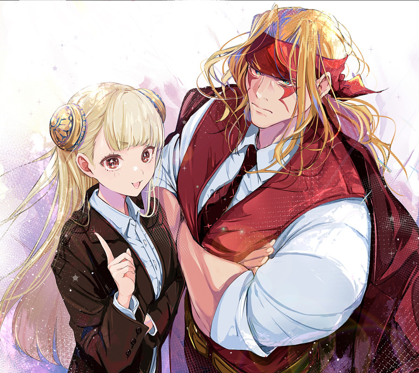 1boy, 1girl, :3, alex_winger, bandana, black_suit, blonde_hair, closed_mouth