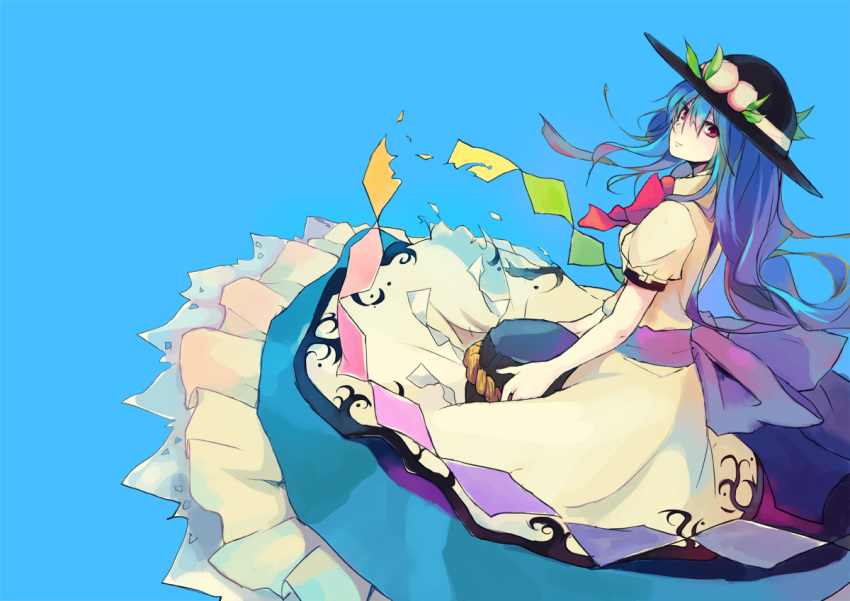 blue_hair, food, frills, fruit, hat, hinanawi_tenshi, holding, jq, keystone, long_hair, long_skirt, looking_at_viewer, peach, red_eyes, simple_background, skirt, solo, touhou, very_long_skirt