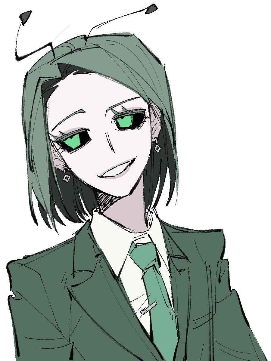 1girl, :d, arms_at_sides, black_sclera, bob_cut, collared_shirt, colored_sclera, commentary_request
