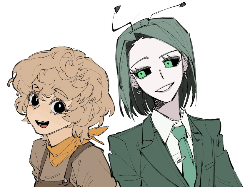 2girls, :d, arms_at_sides, bandana, bandana_around_neck, black_eyes, black_mouth, black_sclera