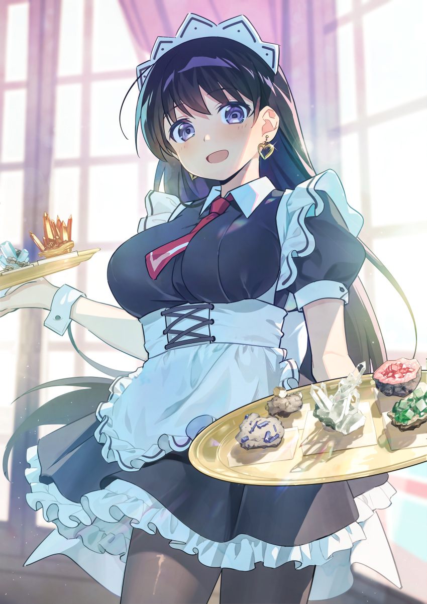 1girl, absurdres, apron, arato_nagi, black_dress, black_hair, blue_gem, breasts, brown_pantyhose, commentary_request, cowboy_shot, crystal, dress, earrings, enmaided, fluorite_(gemstone), gem, green_gem, heart, heart_earrings, highres, holding, holding_tray, jewelry, large_breasts, long_hair, looking_at_viewer, maid, maid_apron, maid_headdress, necktie, nyan5000, open_mouth, pantyhose, puffy_short_sleeves, puffy_sleeves, pyrite, quartz_(gemstone), red_gem, red_necktie, ruri_no_houseki, short_sleeves, solo, tray, violet_eyes, waist_apron, white_wrist_cuffs, wrist_cuffs, zincite