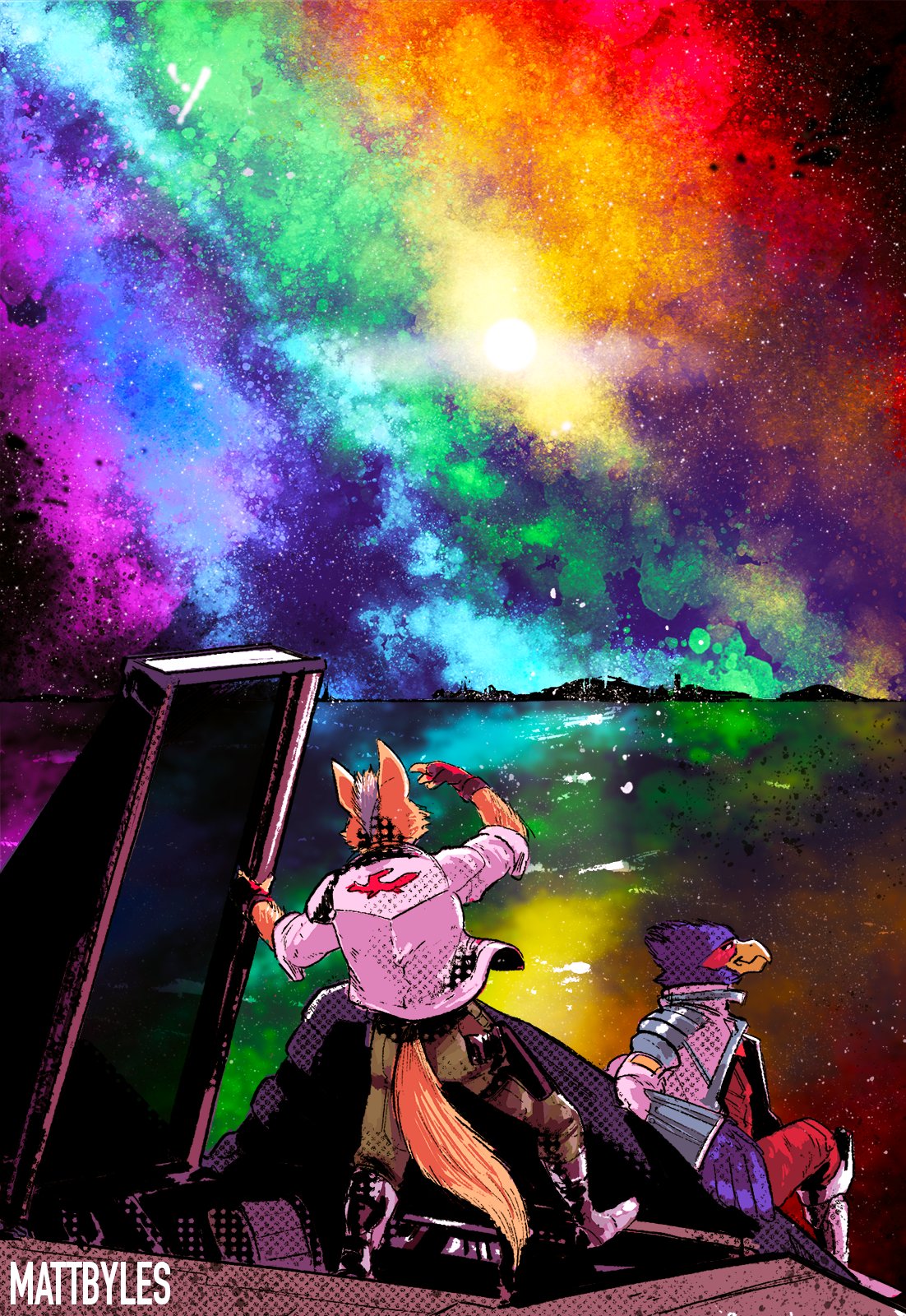 2boys, animal_ears, artist_name, arwing, beak, bird_boy, blue_feathers, brown_fur, commentary, english_commentary, falco_lombardi, feathers, fox_boy, fox_ears, fox_mccloud, fox_tail, from_behind, furry, furry_male, highres, lgbt_pride, looking_up, male_focus, mattbyles, multiple_boys, pride_month, sitting, star_fox, tail