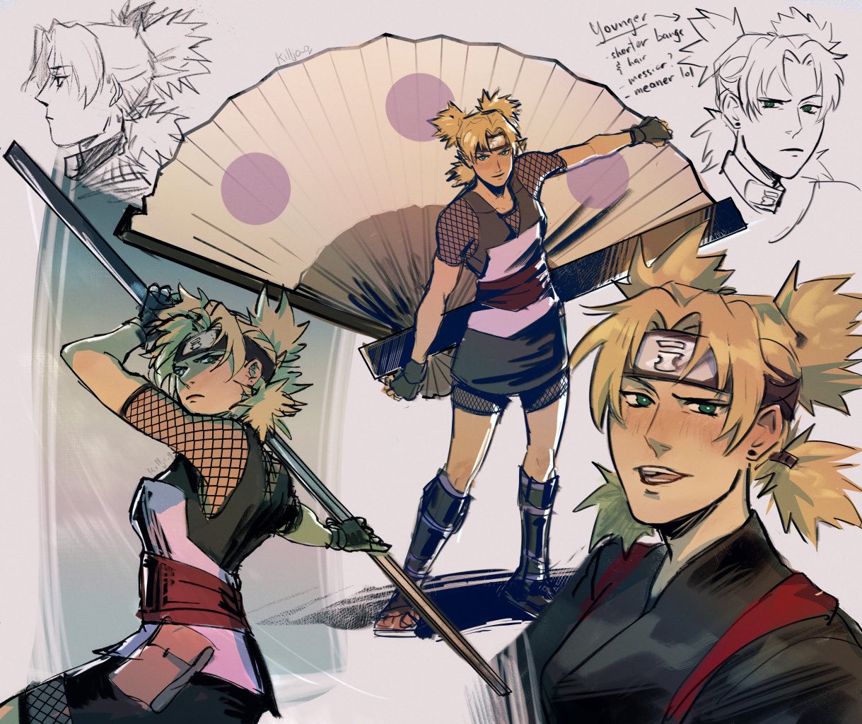 1girl, blonde_hair, cowl, fishnet_socks, fishnets, hand_fan, headband_around_neck, killjo-q