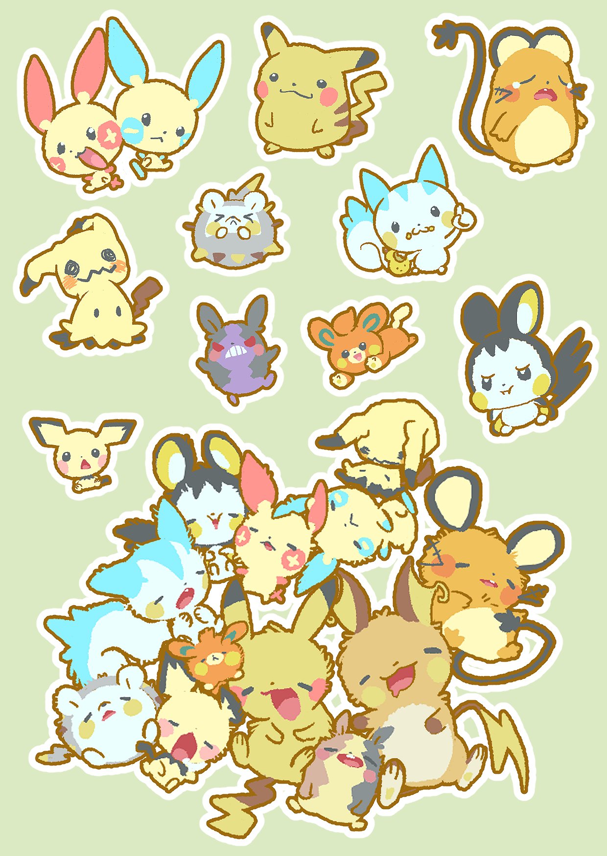 berry_(pokemon), black_eyes, closed_eyes, commentary_request, dedenne, drooling, emolga, frown, green_background, highres, joo_gumoon, lying, mimikyu, minun, morpeko, morpeko_(full), morpeko_(hangry), no_humans, open_mouth, pachirisu, pawmi, pichu, pikachu, plusle, pointing, pokemon, pokemon_(creature), pokemon_focus, puffy_cheeks, raichu, red_eyes, simple_background, sitrus_berry, sleeping, smile, tears, togedemaru