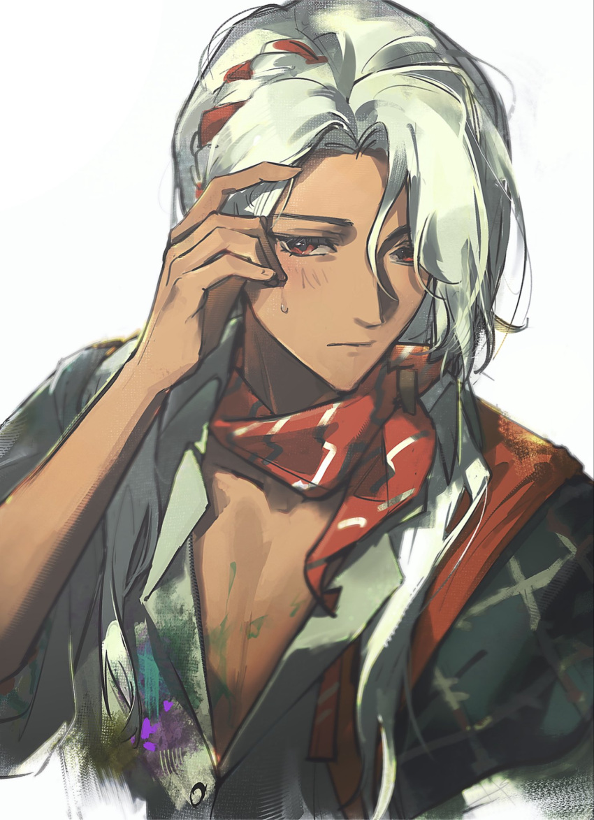 1boy, adjusting_hair, anil_(reverse:1999), blue_capelet, brown_eyes, capelet, closed_mouth, commentary