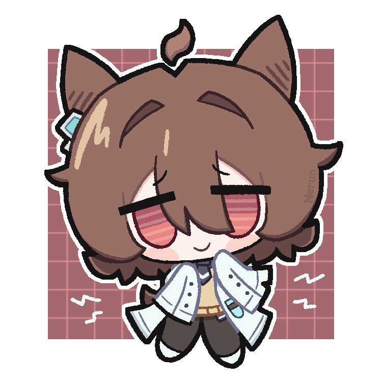 1girl, agnes_tachyon_(umamusume), ahoge, animal_ears, brown_hair, chibi, commentary, earrings