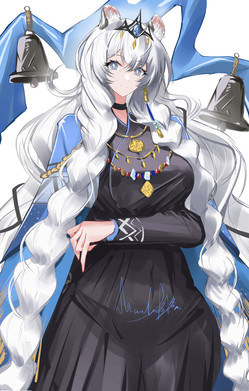 1girl, absurdres, animal_ear_fluff, animal_ears, arknights, arm_under_breasts, bell, black_dress, blue_eyes, blue_shawl, braid, breasts, chinese_commentary, closed_mouth, commentary_request, cowboy_shot, dress, grey_hair, hair_between_eyes, head_tilt, highres, huge_breasts, jewelry, long_hair, long_sleeves, looking_at_viewer, madana_gege, medallion, necklace, pramanix_(arknights), pramanix_the_prerita_(arknights), shawl, signature, simple_background, snow_leopard_ears, snow_leopard_girl, solo, tiara, tibetan_clothes, twin_braids, very_long_braid, very_long_hair, white_background