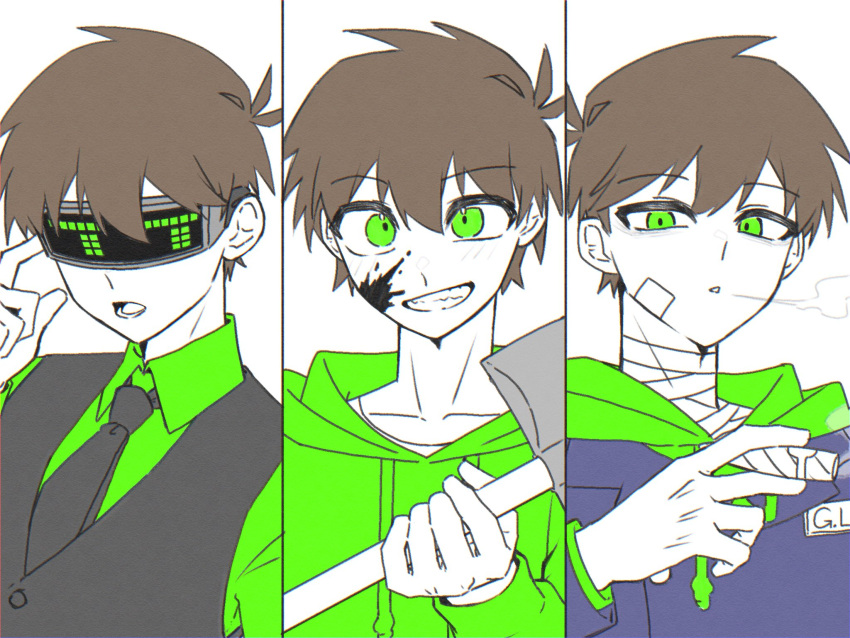 3boys, alternate_universe, animification, antenna_hair, bandage_on_cheek, bandaged_neck, bandages, black_necktie, black_vest, blood, blood_on_face, blue_coat, brown_hair, cigar, coat, collared_shirt, commentary, cosplay, drawstring, edd_(eddsworld), eddsworld, exhaling_smoke, future_tom_(eddsworld), future_tom_(eddsworld)_(cosplay), green_eyes, green_hoodie, green_shirt, grin, hair_behind_ear, head-mounted_display, highres, holding, holding_cigar, holding_shovel, hood, hood_down, hoodie, lcd, long_sleeves, looking_at_viewer, male_focus, military_coat, military_uniform, multiple_boys, multiple_persona, name_tag, necktie, open_mouth, partially_colored, personality_switch, red_leader_(eddsworld), red_leader_(eddsworld)_(cosplay), roshii_(roshi_loshi_641), shirt, short_hair, shovel, simple_background, smile, smoking, tom_(eddsworld), tomsworld, tord_(eddsworld), tordsworld, vest, white_background
