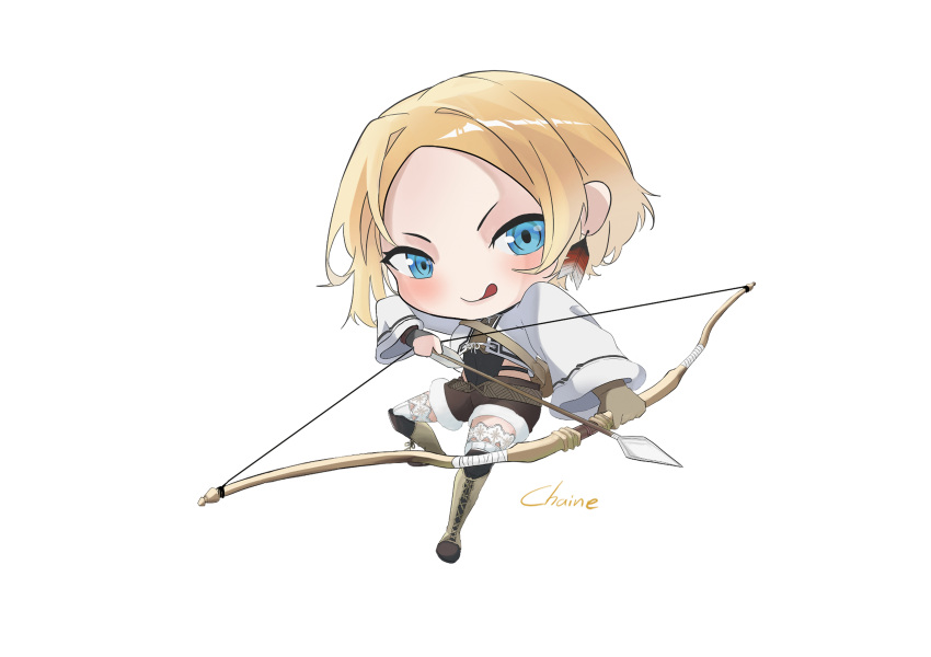 1girl, absurdres, arrow_(projectile), blonde_hair, blue_eyes, boots, bow_(weapon), capelet