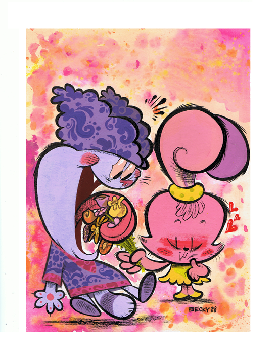 1boy, 1girl, abstract_background, animal_nose, beckyandfrank, blush, blush_stickers, body_fur