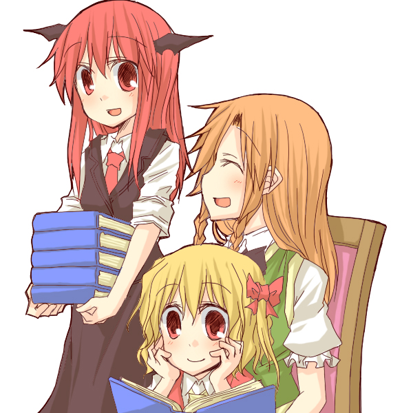:d, ^_^, bat_wings, blonde_hair, blush, book, bow, braid