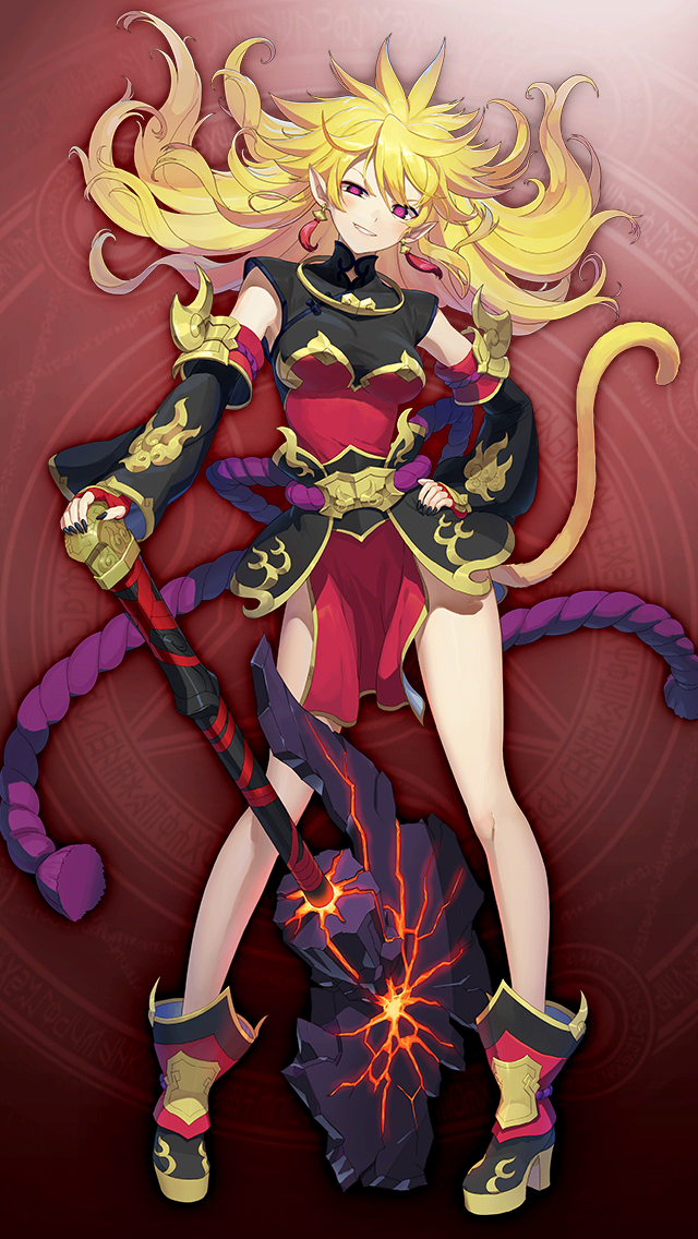 1girl, axe, black_nails, black_sleeves, blonde_hair, breasts, chaos_sun_wukong_(grimms_notes), chinese_clothes