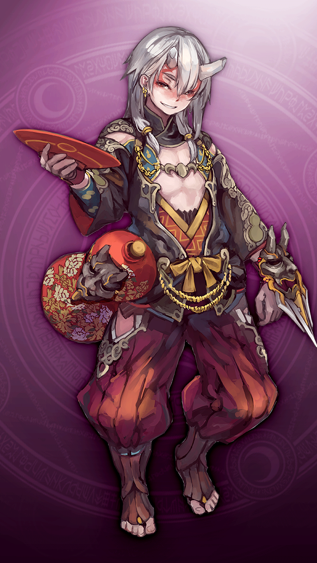1boy, broken_horns, drunk, earrings, game_asset, grimms_notes, grin, hair_between_eyes