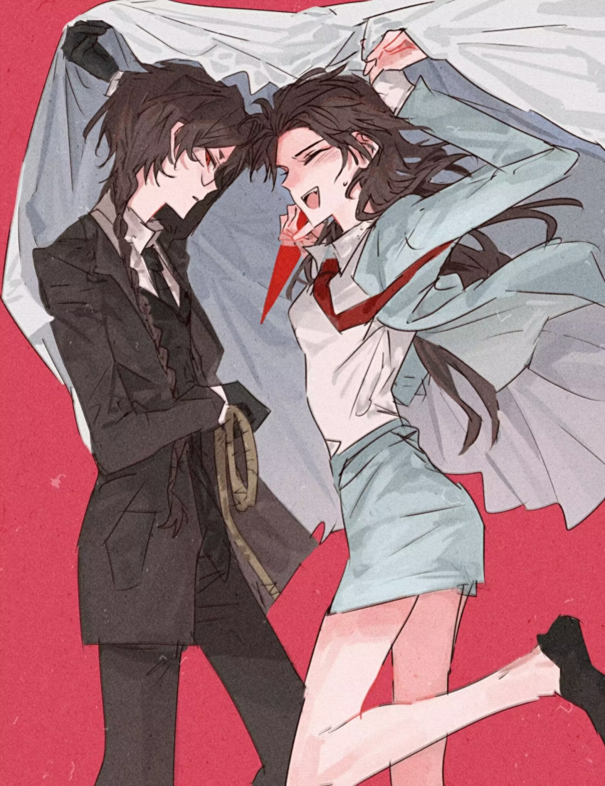 2girls, :d, aomi_(ooe), arm_up, arms_up, black_gloves, black_jacket, black_necktie