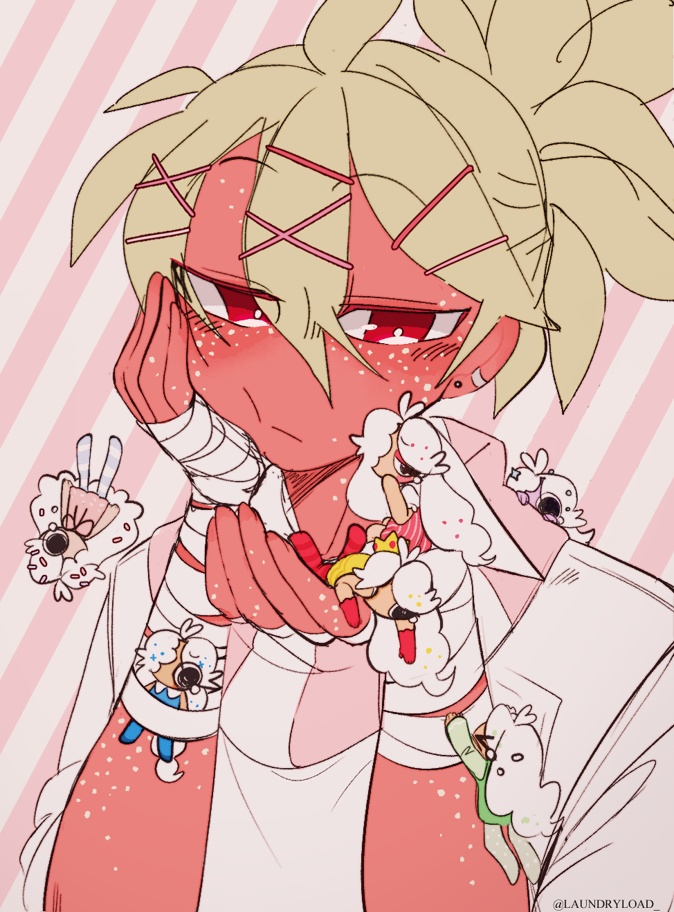 1boy, 6+girls, ahoge, androgynous, arm_freckles, bandaged_arm, bandaged_hand, bandages, body_freckles, clone, closed_mouth, colored_skin, commentary, dandy's_world, diagonal-striped_background, double-parted_bangs, ear_piercing, earrings, english_commentary, expressionless, freckles, frown, ginger_(dandy's_world), green_hair, grey_background, hair_between_eyes, hair_ornament, hand_on_own_cheek, hand_on_own_face, hands_up, highres, humanization, jewelry, jitome, laundryload, looking_at_another, male_focus, mini_person, minigirl, multiple_girls, piercing, pink_background, pink_scarf, ponytail, raised_eyebrows, red_eyes, red_skin, roblox, scarf, shirt, short_hair, sidelocks, simple_background, solo, solo_focus, sprout_(dandy's_world), striped_background, striped_clothes, striped_scarf, stud_earrings, three-quarter_sleeves, two-tone_background, two-tone_scarf, upper_body, vertical-striped_clothes, vertical-striped_scarf, white_scarf, white_shirt, x_hair_ornament
