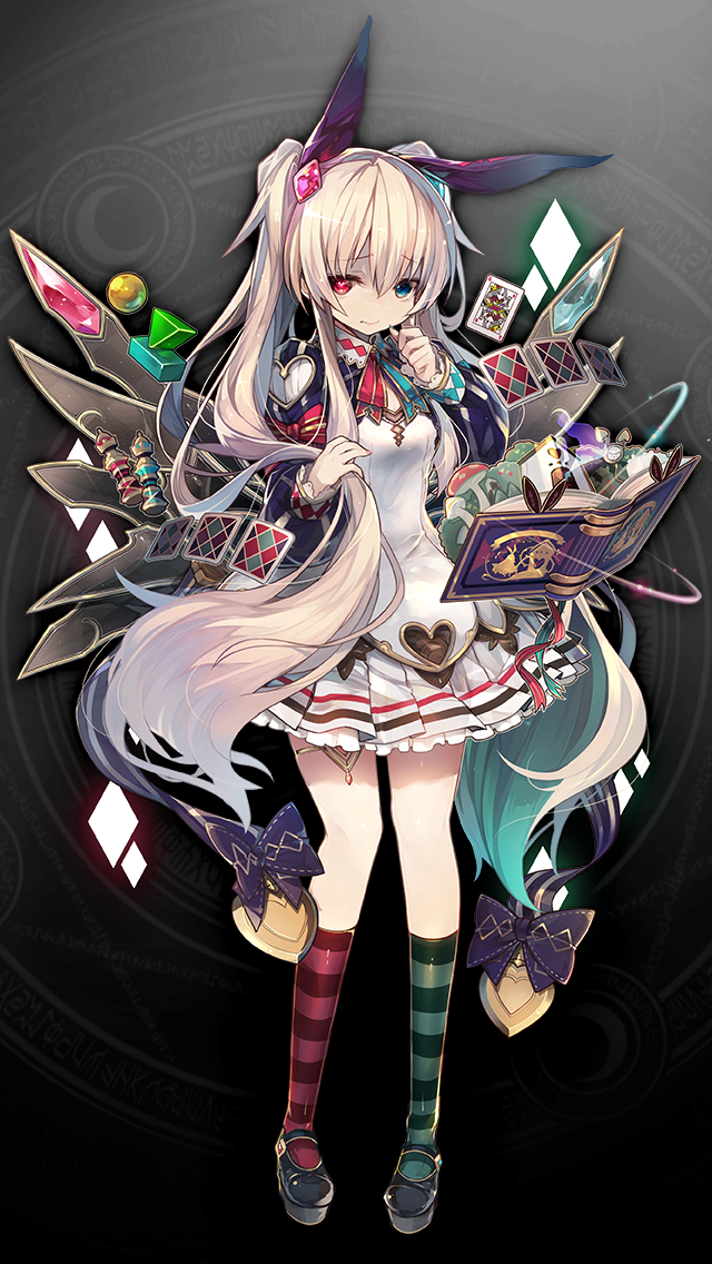 1girl, alice_undertale_(grimms_notes), black_shoes, blonde_hair, blue_eyes, book, breasts, card, chaos_alice_(grimms_notes), chaos_alice_(original)_(grimms_notes), floating, floating_book, floating_object, full_body, game_asset, grabbing_own_hair, grey_background, grimms_notes, heterochromia, holding_own_hair, hosato_mikine, non-web_source, official_art, open_book, playing_card, red_eyes, shoes, skirt, solo, wings