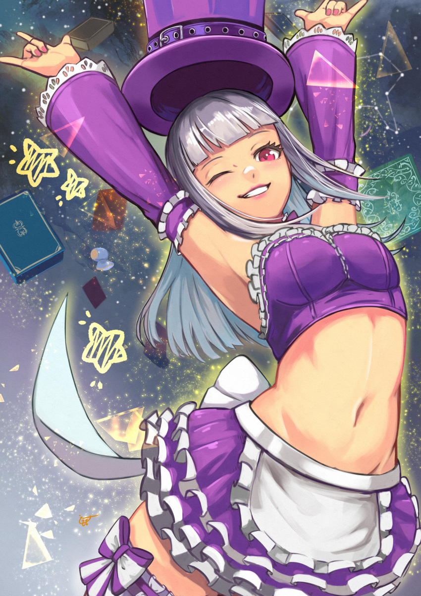 1girl, absurdres, apron, arms_up, book, capcom_fighting_jam, commentary_request, crop_top, detached_sleeves, frilled_skirt, frills, highres, ingrid_(capcom), ingrid_(midnight_bliss)_(capcom), midnight_bliss, miniskirt, momo_juice, monoid_(street_fighter), navel, official_alternate_costume, one_eye_closed, purple_skirt, red_eyes, skirt, smile, solo, star_(symbol), stomach, street_fighter, street_fighter_6, thigh-highs, waist_apron