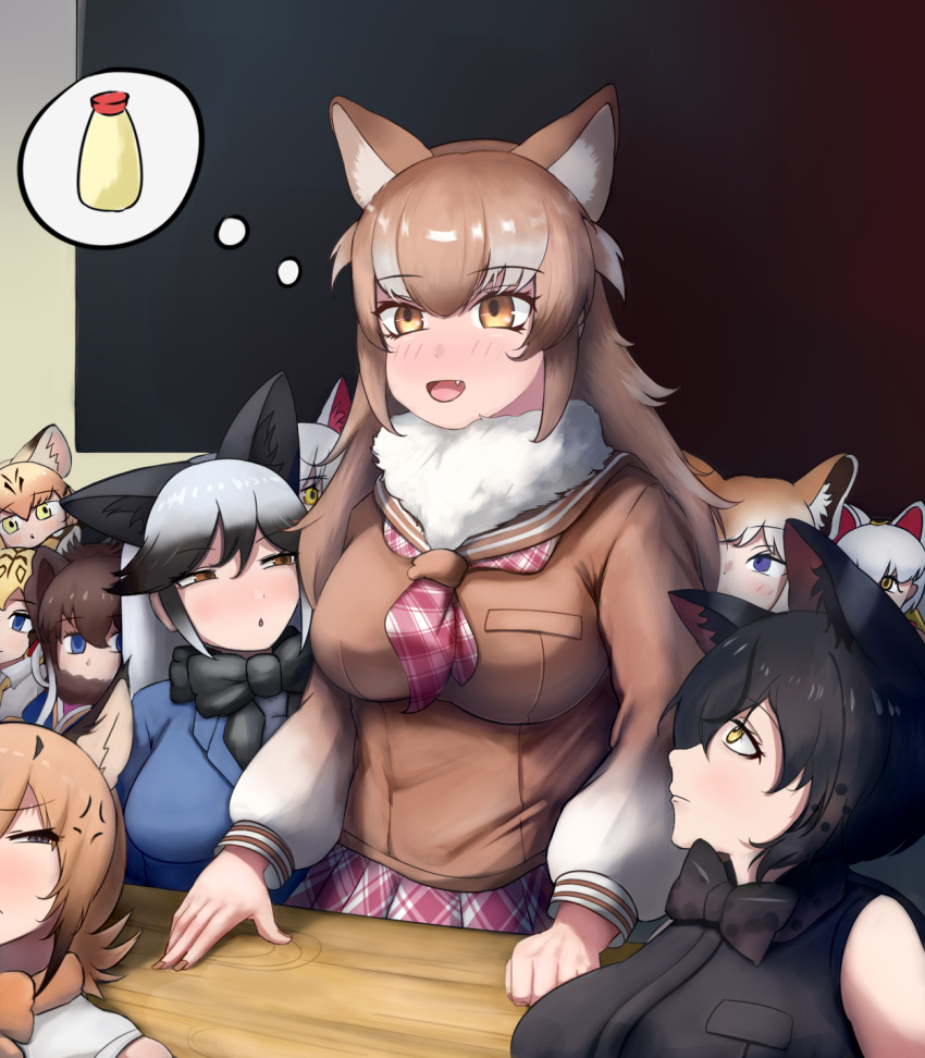 animal_ear_fluff, animal_ears, black_serval_(kemono_friends), blush, brown_hair, caracal_(kemono_friends), commentary_request, douhuli