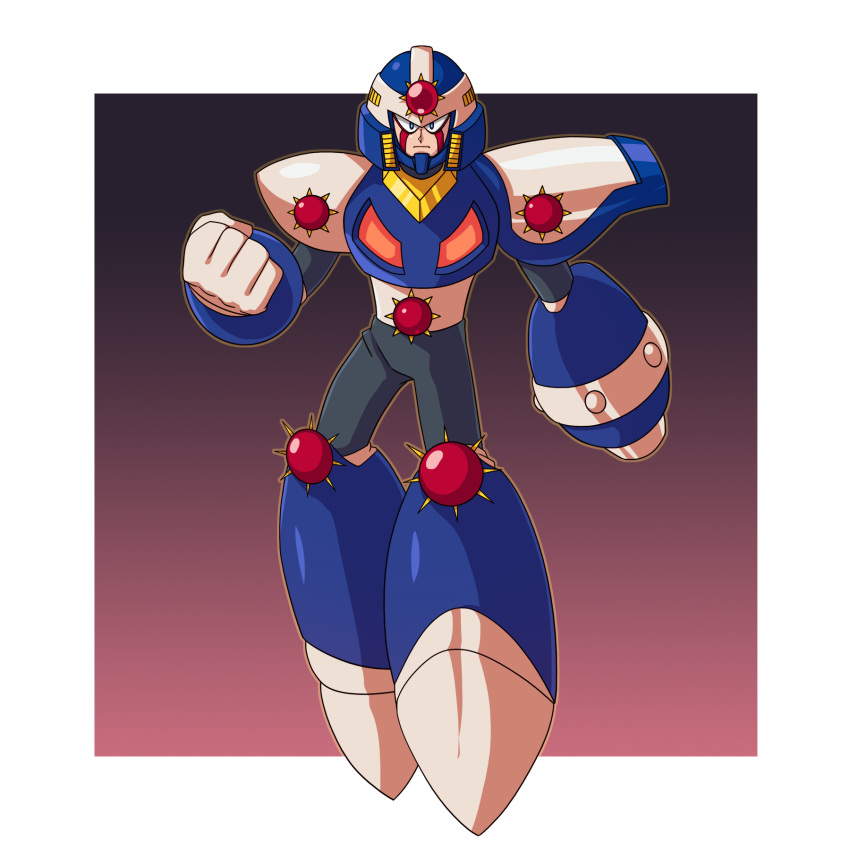 1boy, arm_cannon, armor, blue_armor, blue_eyes, blue_helmet, chest_jewel, closed_mouth