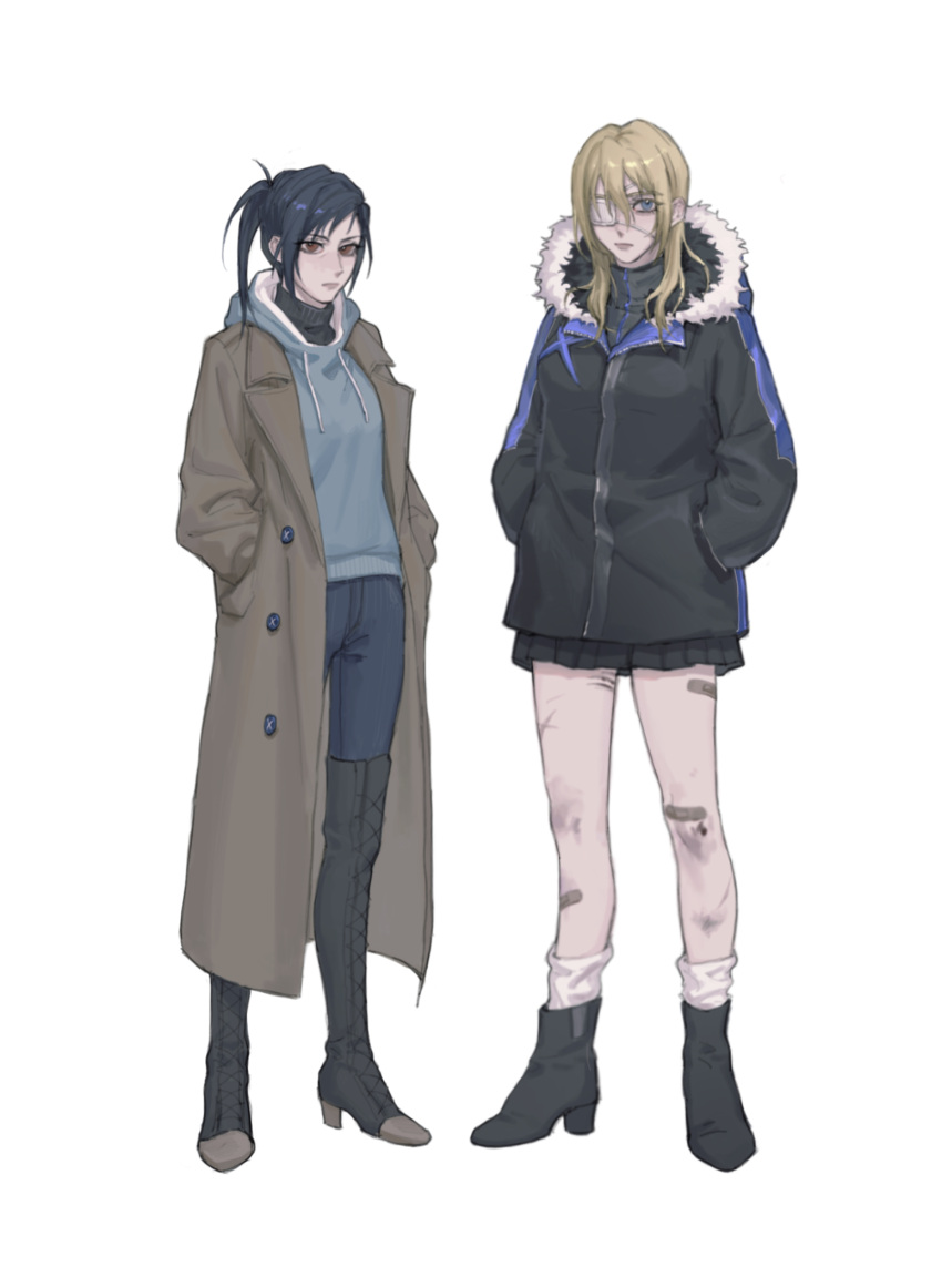 2girls, alternate_costume, ankle_boots, bandaid, bandaid_on_leg, black_boots, black_fur, black_hair