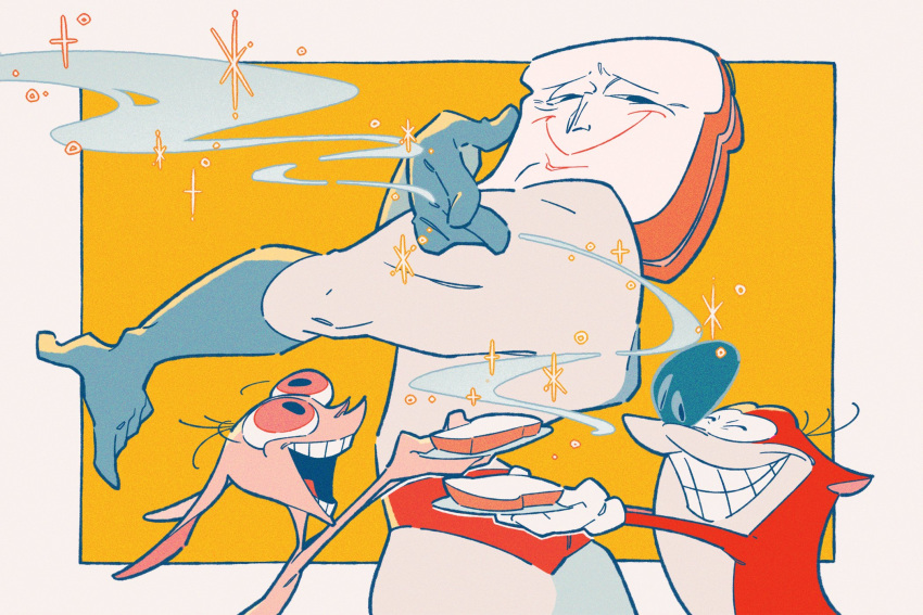 3boys, blue_gloves, buck_teeth, cat, closed_eyes, commentary_request, crossover, cup