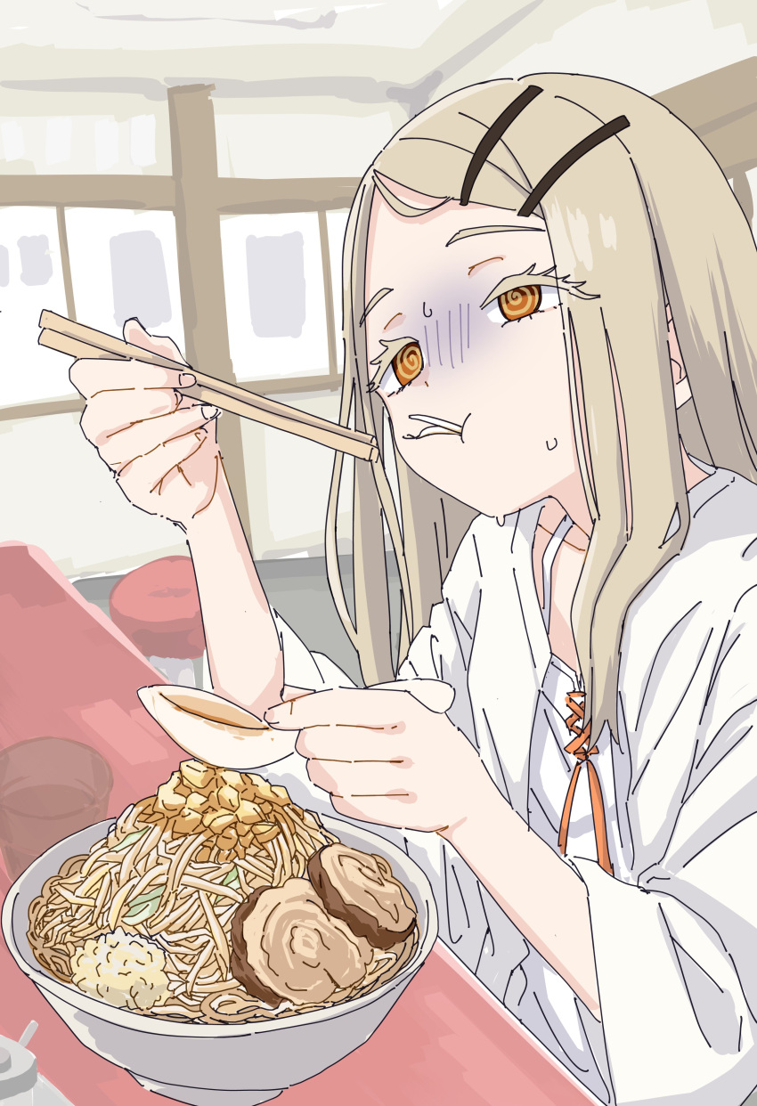 1girl, absurdres, blonde_hair, commentary_request, eating, food, full_mouth, gakuen_idolmaster, hair_ornament, hairclip, highres, idolmaster, long_hair, noodles, pok_(pok_0002), ramen, shinosawa_hiro, shirt, solo, white_shirt