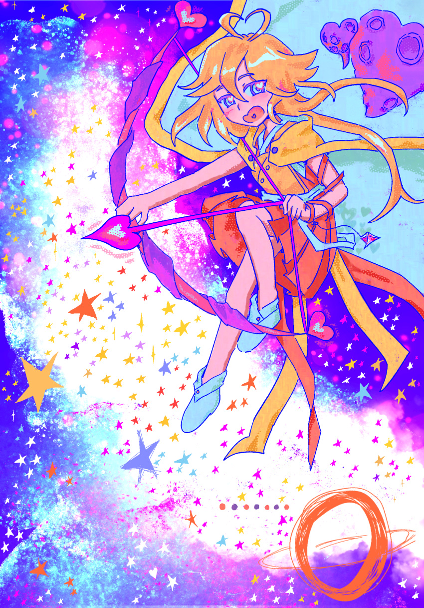 1other, antenna_hair, arm_ribbon, armor, arrow_(projectile), bare_legs, blonde_hair, bow_(weapon), breastplate, buttons, cape, collared_socks, colorful, drawing_bow, eyes_visible_through_hair, floating, floating_hair, full_body, hair_between_eyes, hakama, hakama_short_skirt, hakama_skirt, heart, heart_antenna_hair, heart_arrow, heart_in_eye, heart_in_mouth, highres, holding, holding_arrow, holding_bow_(weapon), holding_weapon, japanese_clothes, kimono, len'en, long_hair, low_twintails, merry_765, ooama_no_ake_no_mitori, open_mouth, planet, planetary_ring, red_hakama, red_kimono, red_ribbon, ribbon, sash, short_kimono, skirt, sleeveless, sleeveless_kimono, socks, solo, space, star_(symbol), symbol_in_eye, twintails, very_long_hair, waist_sash, weapon, white_eyes, white_sash, white_socks, yellow_cape