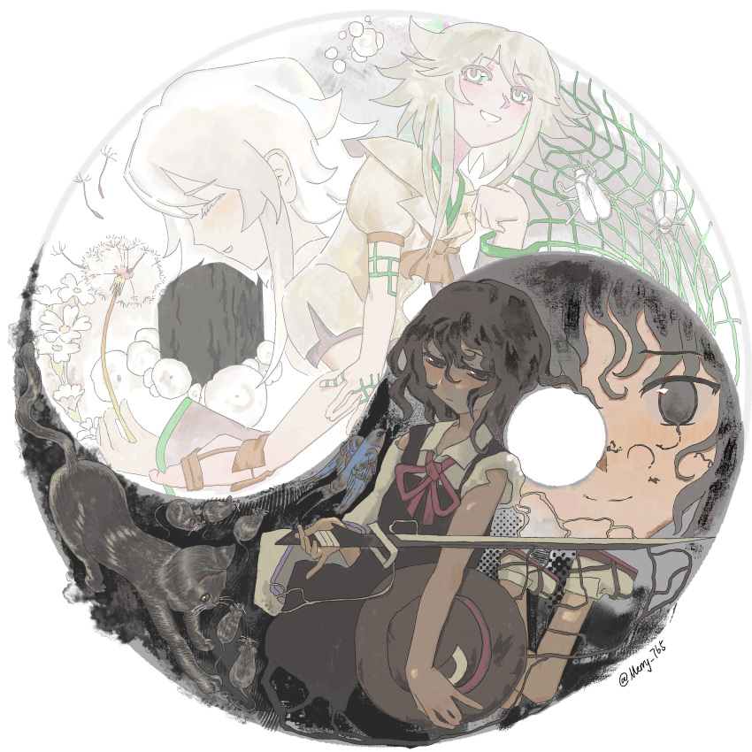 2others, abstract, absurdres, androgynous, ascot, bare_shoulders, barefoot_sandals_(jewelry), black_coat, black_eyes, black_hair, black_hat, border, brown_ascot, brown_romper, brown_sandals, bubble, closed_mouth, coat, collared_shirt, cracked_skin, detached_sleeves, enraku_tsubakura, expressionless, eye_of_senri, eye_on_hat, frown, grey_eyes, grey_hair, hair_between_eyes, hand_on_own_knee, happy, hat, highres, holding, holding_sword, holding_unworn_clothes, holding_unworn_hat, holding_weapon, houlen_yabusame, lapels, len'en, light_blush, long_sleeves, medium_hair, merry_765, messy_hair, multiple_others, multiple_views, neck_ribbon, notched_lapels, open_mouth, other_focus, puffy_short_sleeves, puffy_sleeves, red_ribbon, ribbon, romper, round_border, sandals, shirt, short_hair_with_long_locks, short_sleeves, sidelocks, single_bare_arm, single_detached_sleeve, sleeveless, sleeveless_coat, sleeveless_shirt, smile, sword, top_hat, torn_clothes, torn_shirt, twitter_username, unworn_hat, unworn_headwear, weapon, white_border, white_shirt, white_sleeves, wide_sleeves, yin_yang