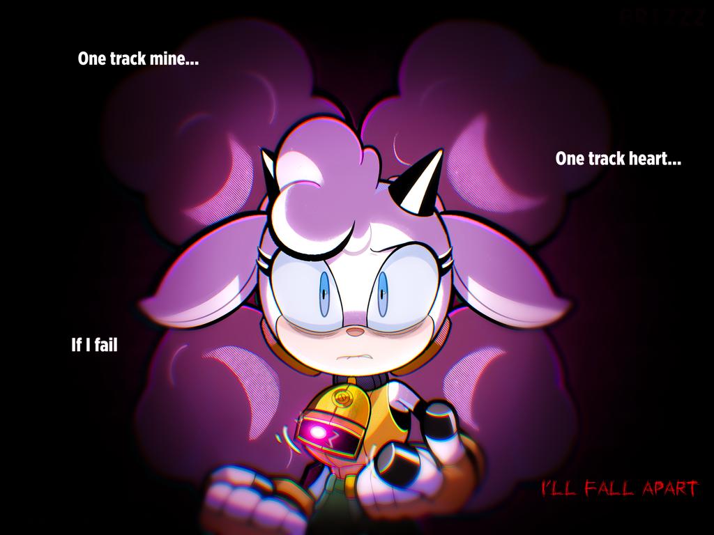 1girl, animal_ears, animal_nose, aura, bell, black_background, black_horns, blue_eyes, clenched_hand, closed_mouth, commentary, cowbell, dark_aura, dark_background, english_text, eyelashes, fingerless_gloves, furry, furry_female, gloves, horns, lanolin_the_sheep, long_hair, looking_at_viewer, neck_bell, purple_hair, robot, serious, sheep_ears, sheep_girl, smoke, solo, sonic_(series), sonic_the_hedgehog_(idw), sunsetbriz, twintails, untranslatable_commentary, white_gloves