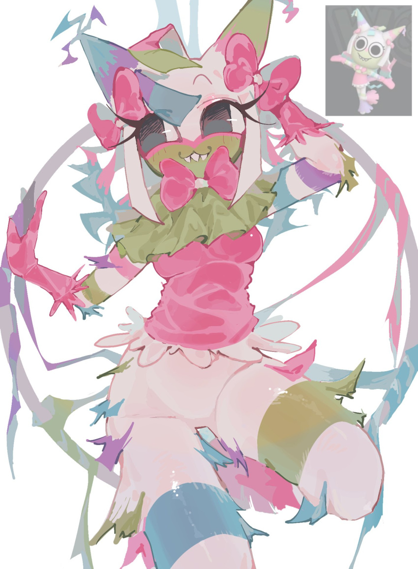 1girl, :3, black_eyes, blue_hair, blue_horns, blunt_sidelocks, body_fur, bow