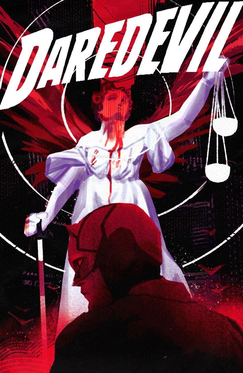 1boy, absurdres, blind, bodysuit, character_logo, commentary, daredevil, daredevil_(series)