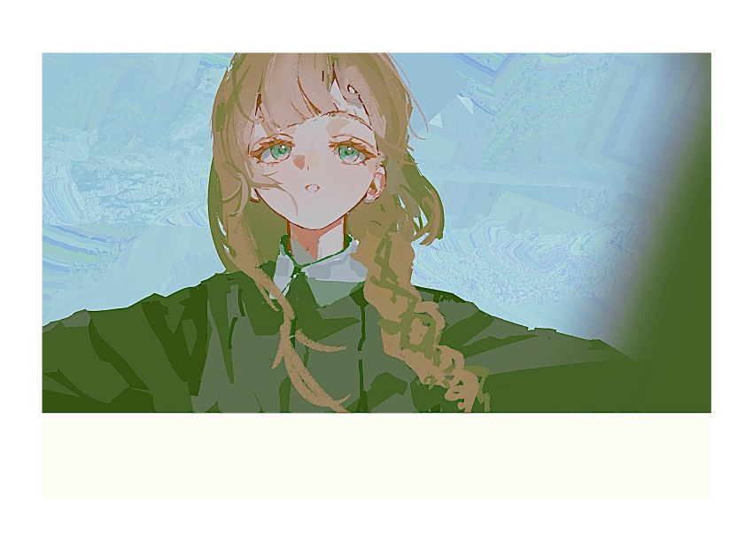1girl, black_jacket, blonde_hair, border, braid, commentary, highres, jacket