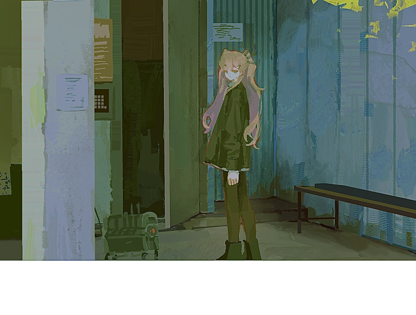 1girl, black_boots, black_jacket, black_pantyhose, blonde_hair, boots, border, commentary