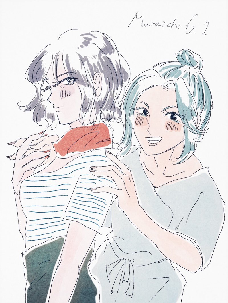alternate_costume, black_eyes, black_hair, blue_hair, blush, commentary_request, contemporary, grey_shirt