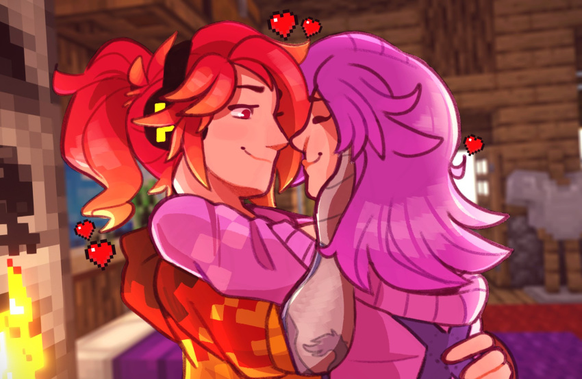 2girls, big_chez, fire, highres, meta_runner, minecraft, multiple_girls, orange_hair
